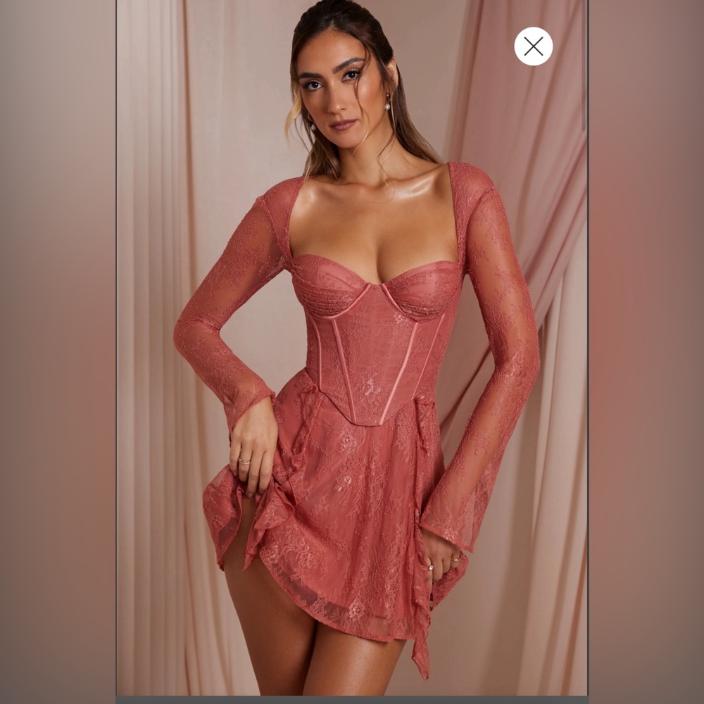 Oh Polly Ninette Long Sleeve Lace Corset Mini Dress in Terracotta